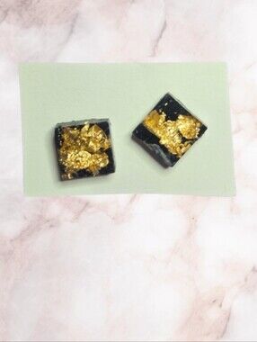 Gold and Black Stone Square Resin Stud Earrings Hypoallergenic